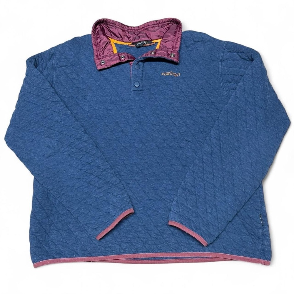 Orvis Trout Bum Quilted Pullover Jacket Shirt Blue Mens Large Snap Button Casual